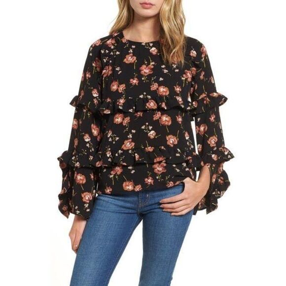 BP. Nordstrom Floral Print Tiered Ruffle Oversized Blouse XXS 00 Black Boho - Picture 1 of 7